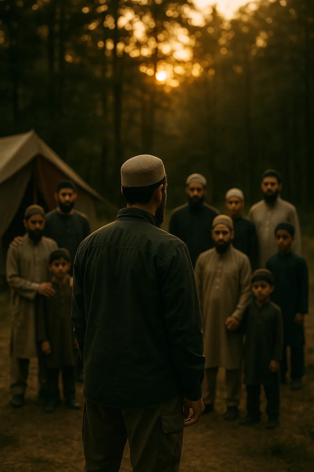 A dignified Muslim mentor in modest outdoor clothing standing with fathers and sons at a campsite, viewed from behind.