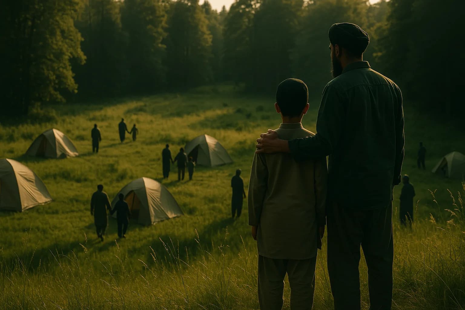 An expansive forest-and-meadow campsite at golden hour with tents and distant father-son groups, evoking a future academy.
