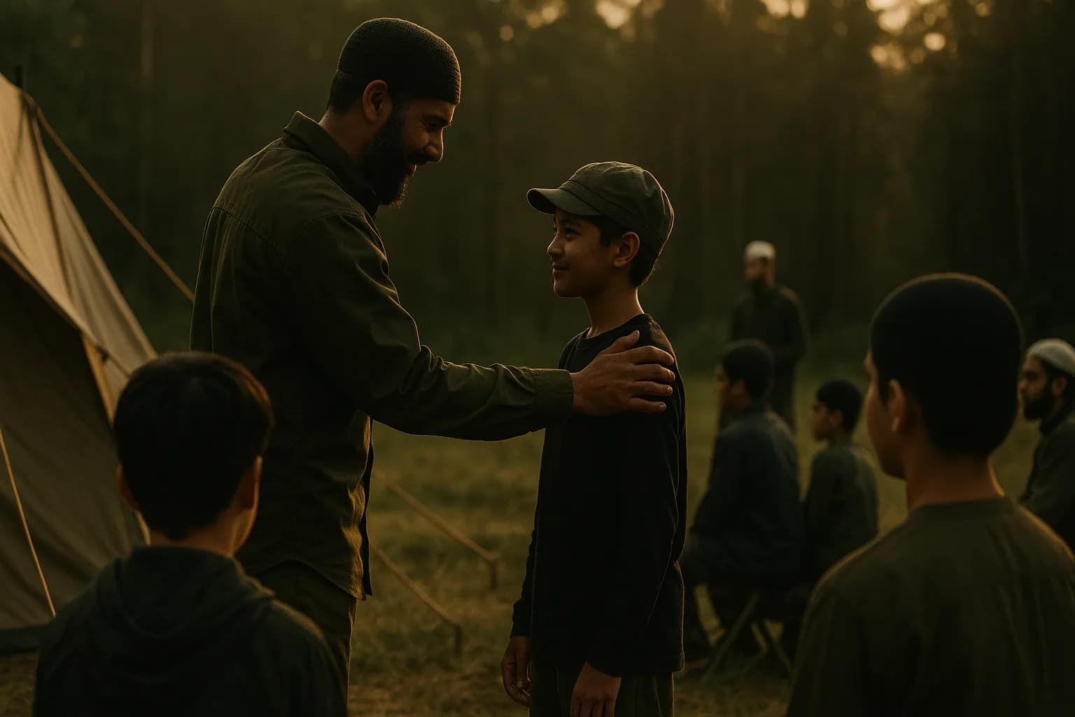 A mentor recognizing a young boy's achievement at a campsite, other boys watching with respect.