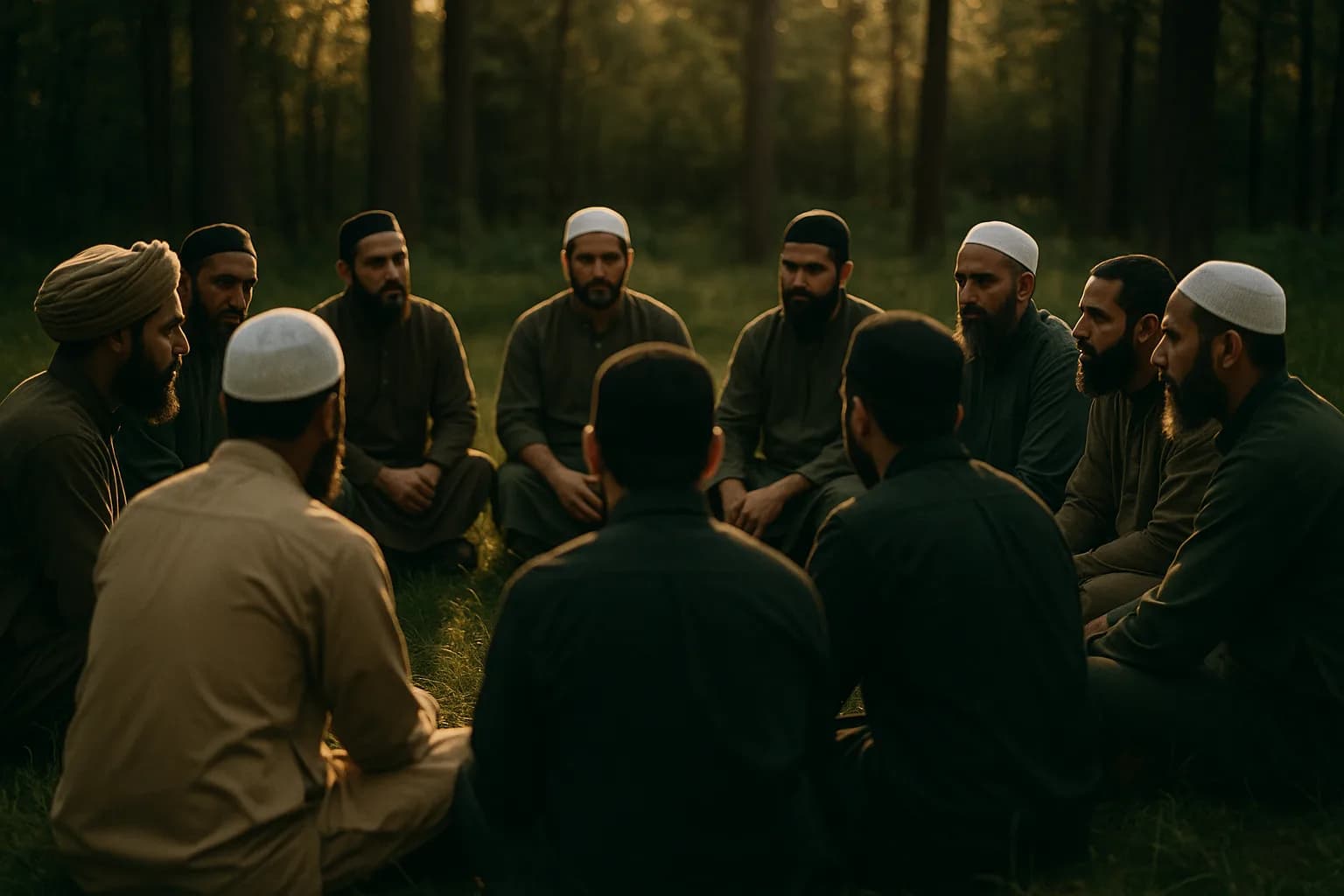 A father circle outdoors with diverse Muslim fathers in conversation.