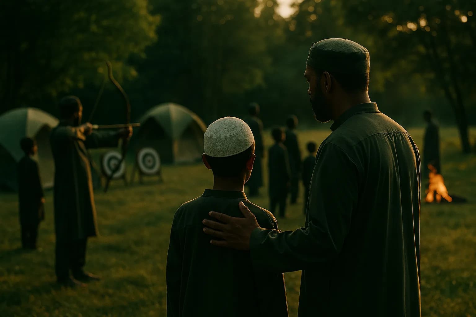 Muslim fathers and sons at a golden-hour campsite with tents, archery targets, and a small controlled campfire in the distance.