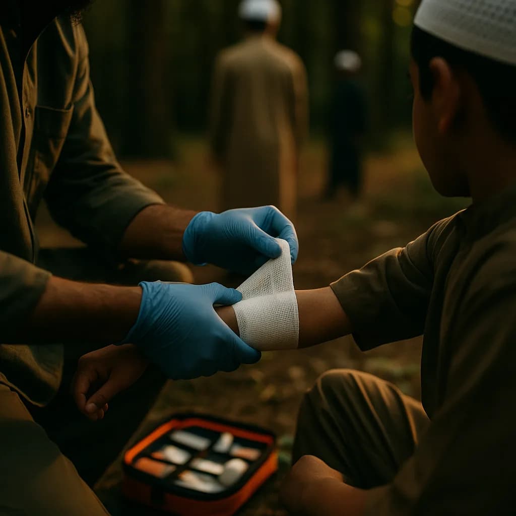 Close-up of hands practicing bandaging on a forearm with a first-aid kit open nearby.