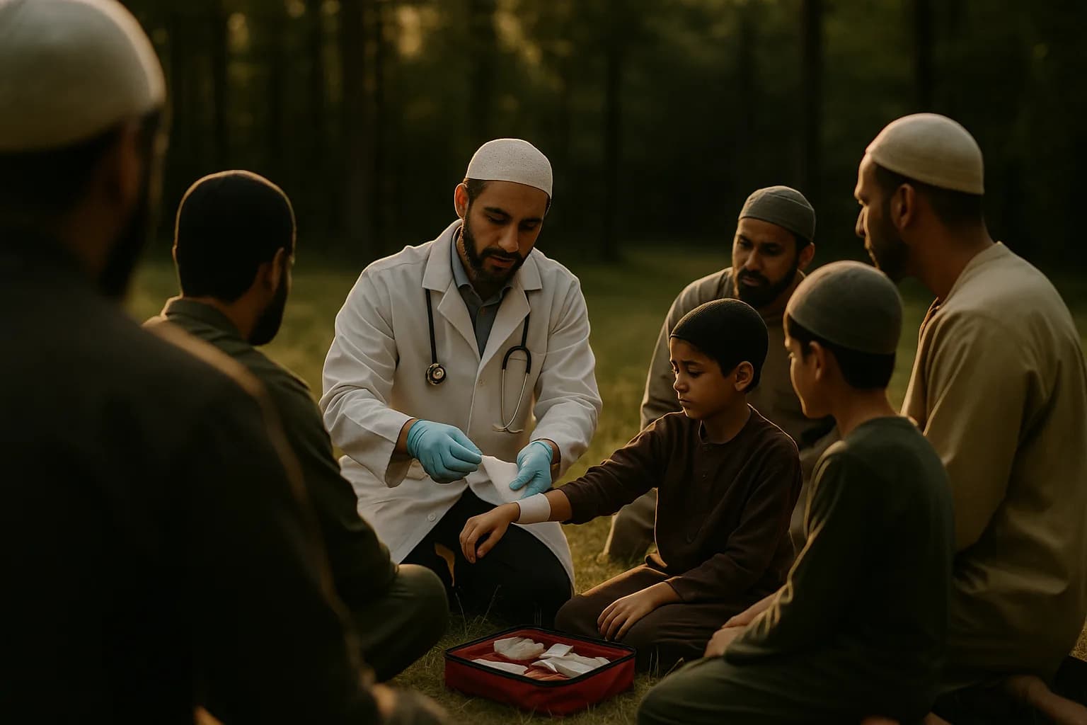 Physician teaching Muslim fathers and sons first aid outdoors with a first aid kit and bandaging practice.
