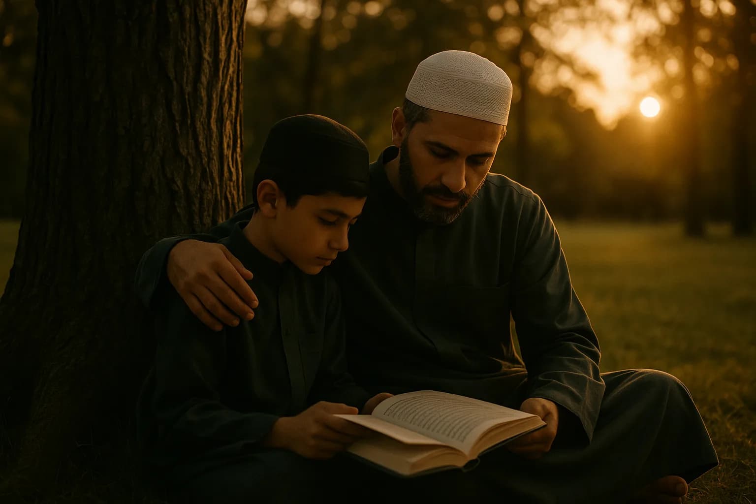 A father and son reading together outdoors by a tree at golden hour, calm and reflective.