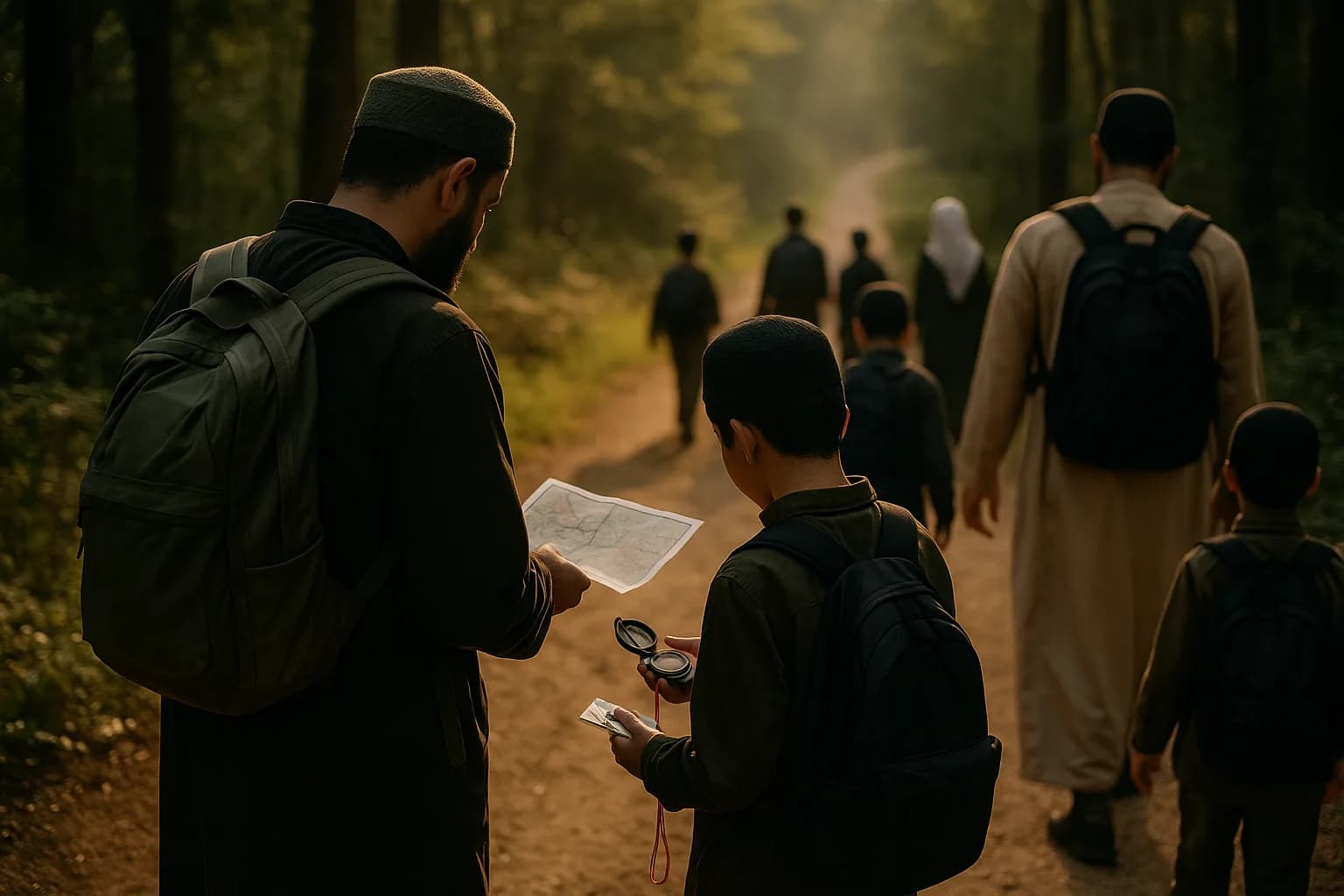 Fathers and sons on a safe hiking trail with maps and compasses.