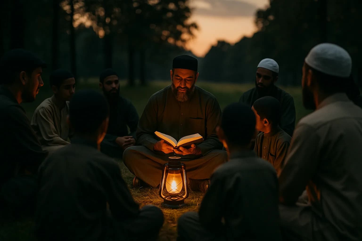 A mentor teaching a circle of fathers and sons outdoors from an open book, a leadership lesson at dusk.