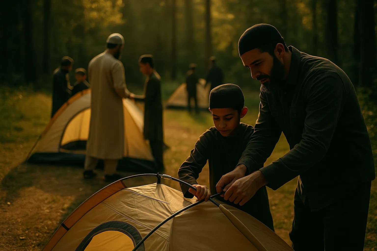 Father and son pitching a tent together with other father-son pairs in the background.